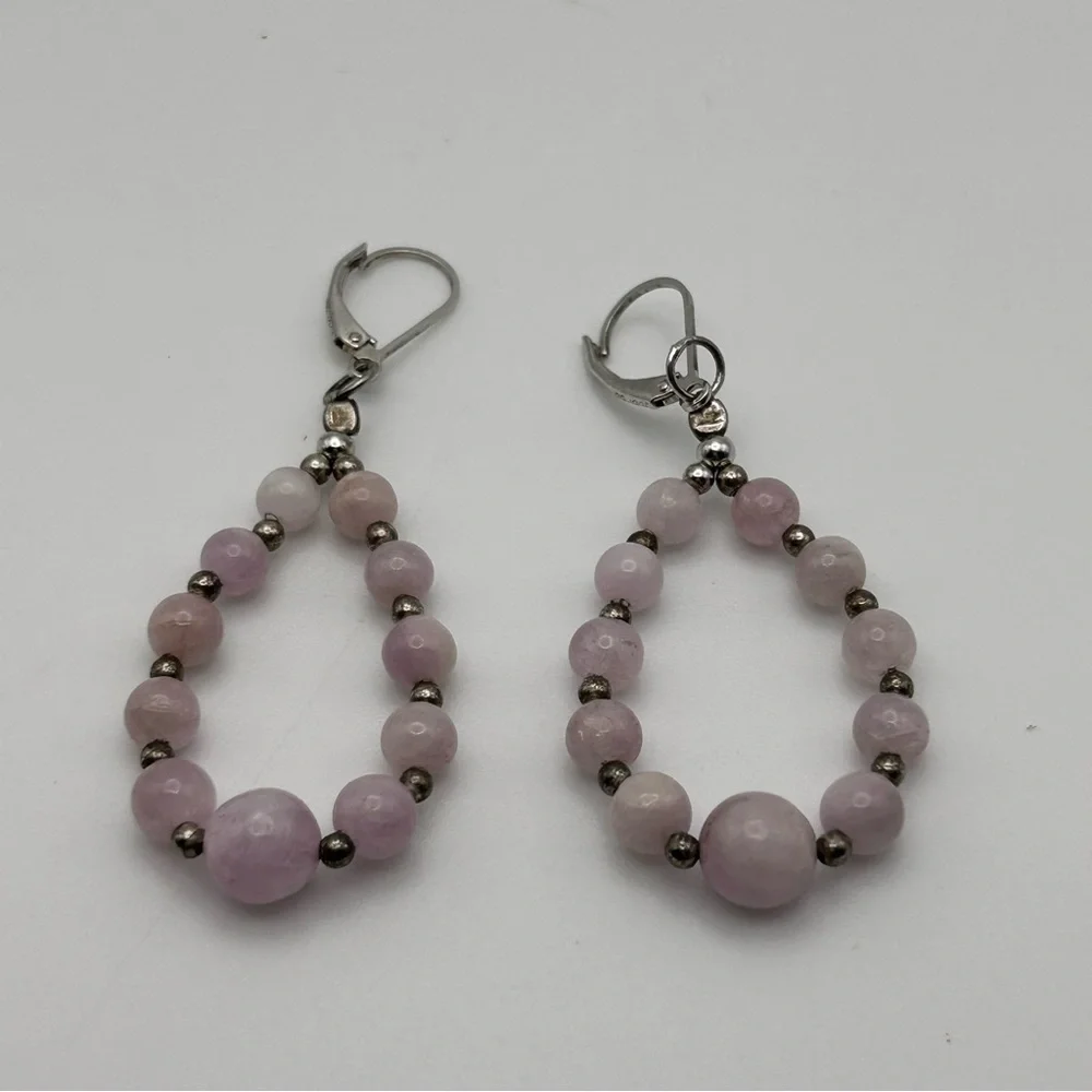 Genuine Rose Quartz Graduated Beaded Sterling Silver 925 Lever Back Earrings